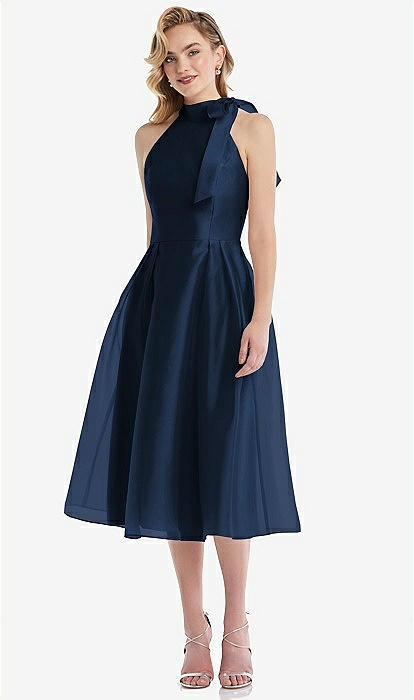 Scarf-Tie High-Neck Halter Organdy Midi Dress