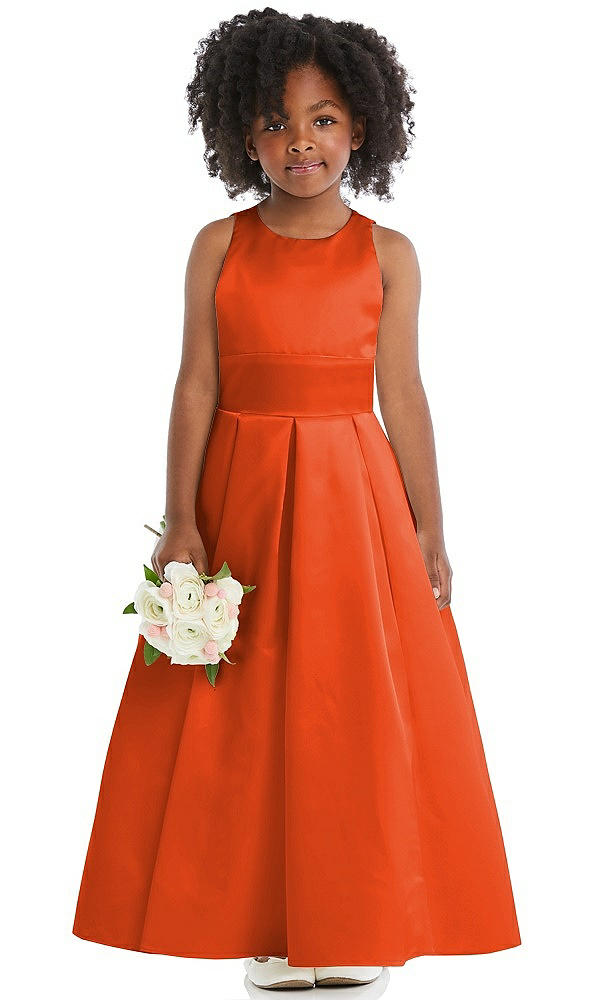 Front View - Tangerine Tango Sleeveless Pleated Skirt Satin Flower Girl Dress