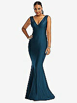 Front View Thumbnail - Atlantic Blue Shirred Shoulder Stretch Satin Mermaid Dress with Slight Train