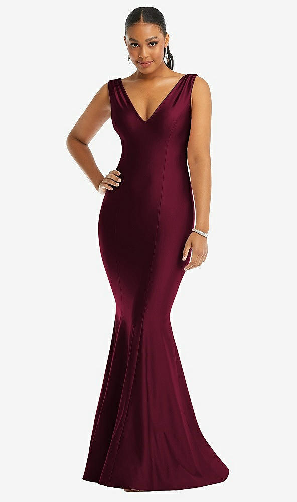 Front View - Cabernet Shirred Shoulder Stretch Satin Mermaid Dress with Slight Train
