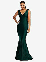 Front View Thumbnail - Evergreen Shirred Shoulder Stretch Satin Mermaid Dress with Slight Train