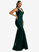 Side View Thumbnail - Evergreen Shirred Shoulder Stretch Satin Mermaid Dress with Slight Train