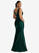Rear View Thumbnail - Evergreen Shirred Shoulder Stretch Satin Mermaid Dress with Slight Train