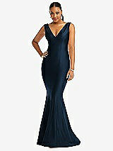 Front View Thumbnail - Midnight Navy Shirred Shoulder Stretch Satin Mermaid Dress with Slight Train