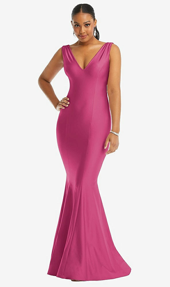 Front View - Tea Rose Shirred Shoulder Stretch Satin Mermaid Dress with Slight Train