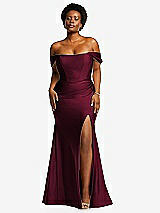 Front View Thumbnail - Cabernet Off-the-Shoulder Corset Stretch Satin Mermaid Dress with Slight Train