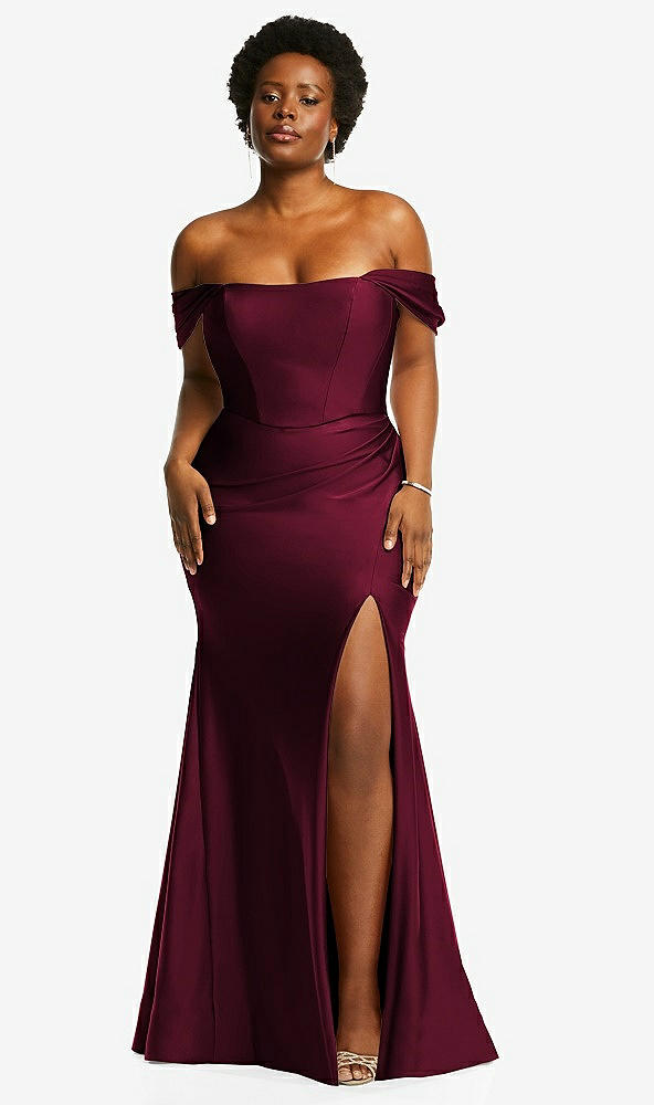 Front View - Cabernet Off-the-Shoulder Corset Stretch Satin Mermaid Dress with Slight Train