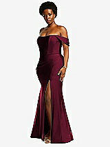 Side View Thumbnail - Cabernet Off-the-Shoulder Corset Stretch Satin Mermaid Dress with Slight Train