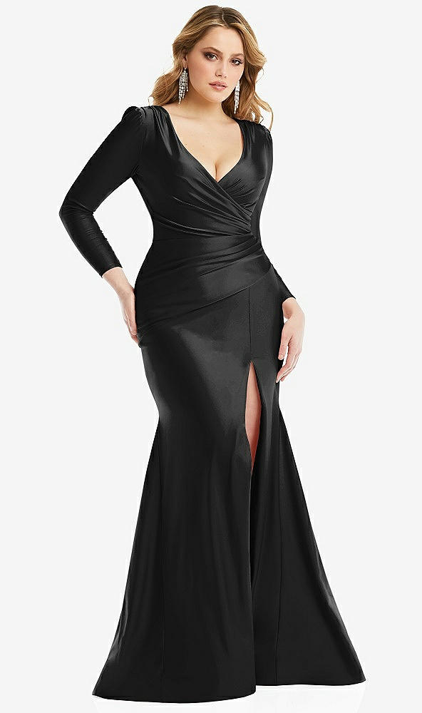 Front View - Black Long Sleeve Draped Wrap Stretch Satin Mermaid Dress with Slight Train