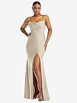 Front View Thumbnail - Champagne Cowl-Neck Open Tie-Back Stretch Satin Mermaid Dress with Slight Train