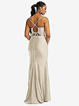 Rear View Thumbnail - Champagne Cowl-Neck Open Tie-Back Stretch Satin Mermaid Dress with Slight Train