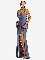Alt View 1 Thumbnail - French Blue Cowl-Neck Open Tie-Back Stretch Satin Mermaid Dress with Slight Train