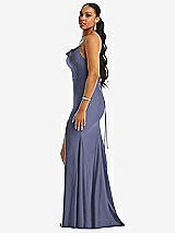Side View Thumbnail - French Blue Cowl-Neck Open Tie-Back Stretch Satin Mermaid Dress with Slight Train