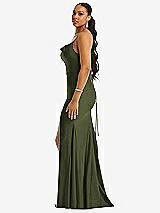 Side View Thumbnail - Olive Green Cowl-Neck Open Tie-Back Stretch Satin Mermaid Dress with Slight Train