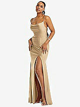 Alt View 1 Thumbnail - Soft Gold Cowl-Neck Open Tie-Back Stretch Satin Mermaid Dress with Slight Train