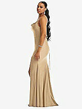 Side View Thumbnail - Soft Gold Cowl-Neck Open Tie-Back Stretch Satin Mermaid Dress with Slight Train