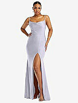 Front View Thumbnail - Silver Dove Cowl-Neck Open Tie-Back Stretch Satin Mermaid Dress with Slight Train