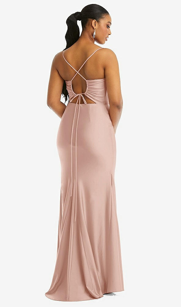 Back View - Toasted Sugar Cowl-Neck Open Tie-Back Stretch Satin Mermaid Dress with Slight Train
