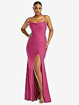 Front View Thumbnail - Tea Rose Cowl-Neck Open Tie-Back Stretch Satin Mermaid Dress with Slight Train