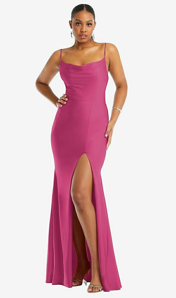 Front View - Tea Rose Cowl-Neck Open Tie-Back Stretch Satin Mermaid Dress with Slight Train