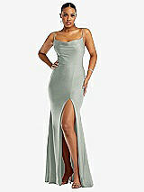 Front View Thumbnail - Willow Green Cowl-Neck Open Tie-Back Stretch Satin Mermaid Dress with Slight Train