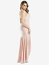 Rear View Thumbnail - Ivory Pleated Wrap Ruffled High Low Stretch Satin Gown with Slight Train