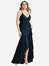 Front View Thumbnail - Midnight Navy Pleated Wrap Ruffled High Low Stretch Satin Gown with Slight Train