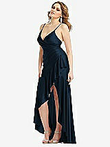 Side View Thumbnail - Midnight Navy Pleated Wrap Ruffled High Low Stretch Satin Gown with Slight Train
