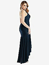 Rear View Thumbnail - Midnight Navy Pleated Wrap Ruffled High Low Stretch Satin Gown with Slight Train