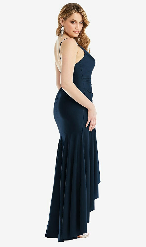 Back View - Midnight Navy Pleated Wrap Ruffled High Low Stretch Satin Gown with Slight Train