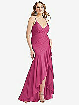 Front View Thumbnail - Tea Rose Pleated Wrap Ruffled High Low Stretch Satin Gown with Slight Train