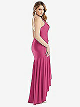 Rear View Thumbnail - Tea Rose Pleated Wrap Ruffled High Low Stretch Satin Gown with Slight Train