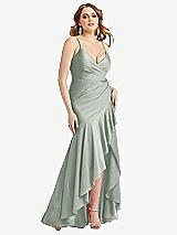 Front View Thumbnail - Willow Green Pleated Wrap Ruffled High Low Stretch Satin Gown with Slight Train
