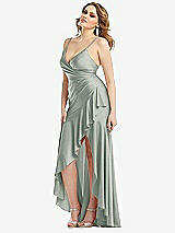 Side View Thumbnail - Willow Green Pleated Wrap Ruffled High Low Stretch Satin Gown with Slight Train