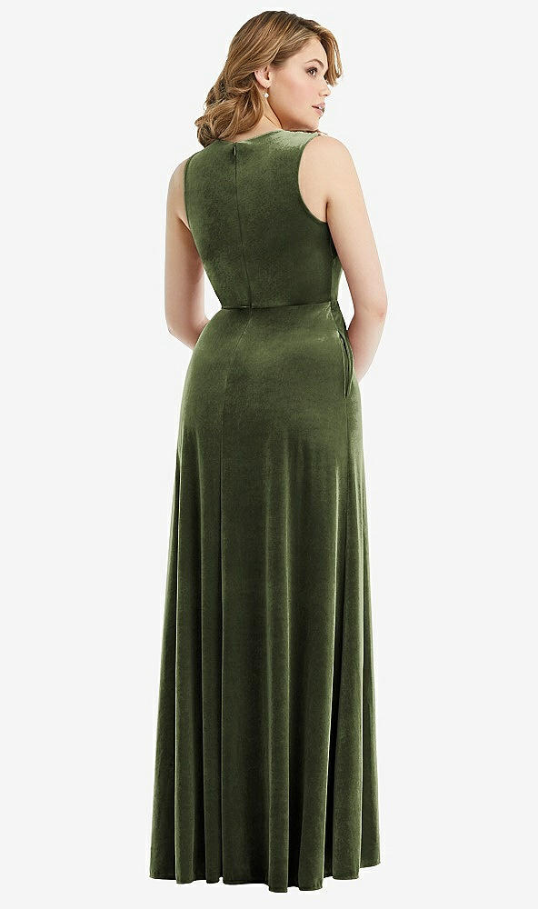 Back View - Olive Green Deep V-Neck Sleeveless Velvet Maxi Dress with Pockets