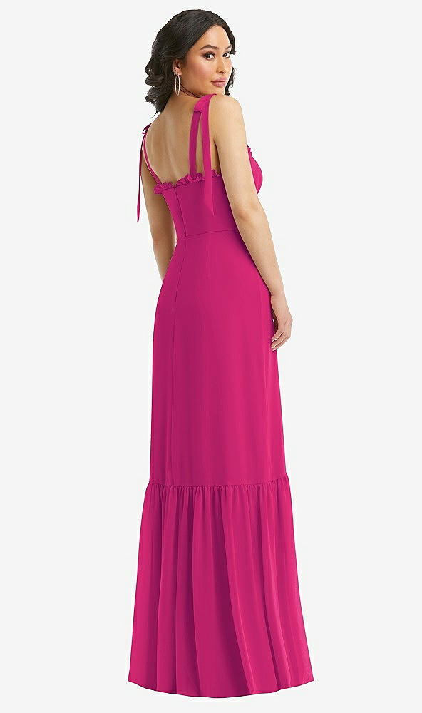 Back View - Think Pink Tie-Shoulder Bustier Bodice Ruffle-Hem Maxi Dress