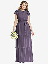 Front View Thumbnail - Lavender Flutter Sleeve Jewel Neck Chiffon Maxi Dress with Tiered Ruffle Skirt