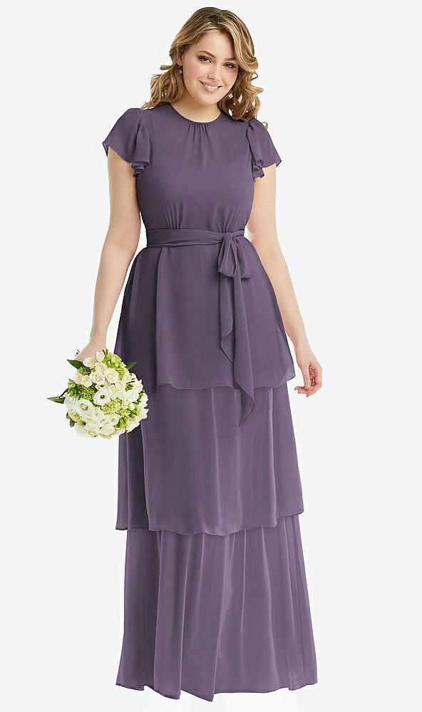 Front View - Lavender Flutter Sleeve Jewel Neck Chiffon Maxi Dress with Tiered Ruffle Skirt
