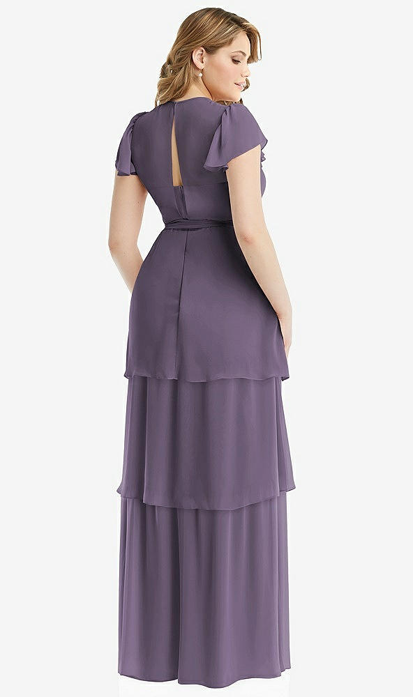 Back View - Lavender Flutter Sleeve Jewel Neck Chiffon Maxi Dress with Tiered Ruffle Skirt