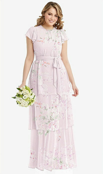 Flutter Sleeve Jewel Neck Chiffon Maxi Bridesmaid Dress With