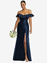 Alt View 1 Thumbnail - Midnight Navy Off-the-Shoulder Ruffle Neck Satin Trumpet Gown