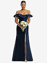 Alt View 2 Thumbnail - Midnight Navy Off-the-Shoulder Ruffle Neck Satin Trumpet Gown