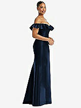 Alt View 4 Thumbnail - Midnight Navy Off-the-Shoulder Ruffle Neck Satin Trumpet Gown