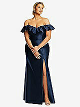 Front View Thumbnail - Midnight Navy Off-the-Shoulder Ruffle Neck Satin Trumpet Gown