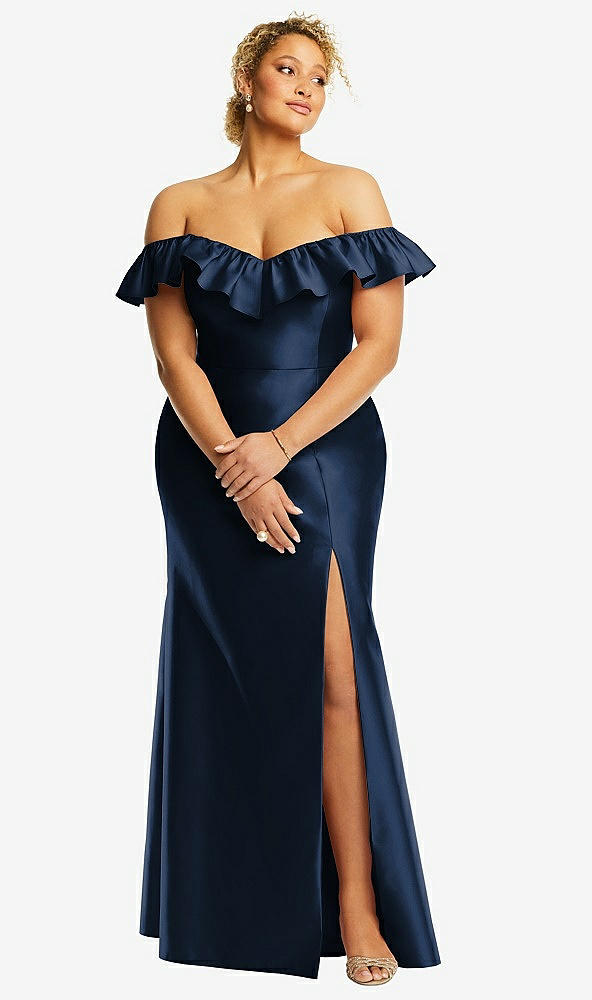 Front View - Midnight Navy Off-the-Shoulder Ruffle Neck Satin Trumpet Gown
