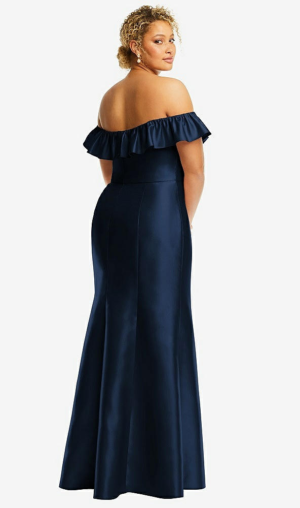 Back View - Midnight Navy Off-the-Shoulder Ruffle Neck Satin Trumpet Gown
