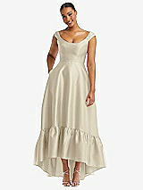 Front View Thumbnail - Champagne Cap Sleeve Deep Ruffle Hem Satin High Low Dress with Pockets