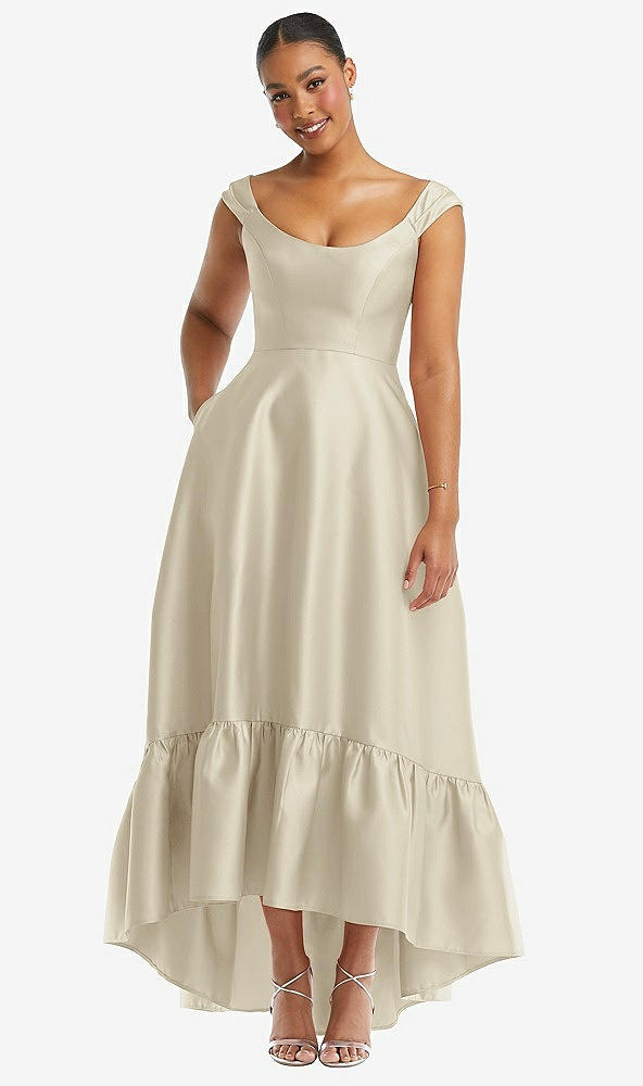 Front View - Champagne Cap Sleeve Deep Ruffle Hem Satin High Low Dress with Pockets