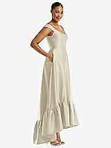 Side View Thumbnail - Champagne Cap Sleeve Deep Ruffle Hem Satin High Low Dress with Pockets