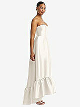 Side View Thumbnail - Ivory Strapless Deep Ruffle Hem Satin High Low Dress with Pockets